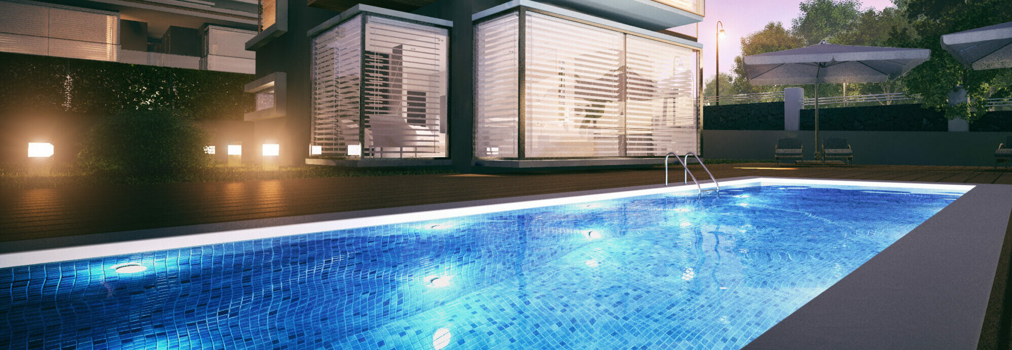 Modern villa Night view of a modern villa with a swimming pool in front of it.