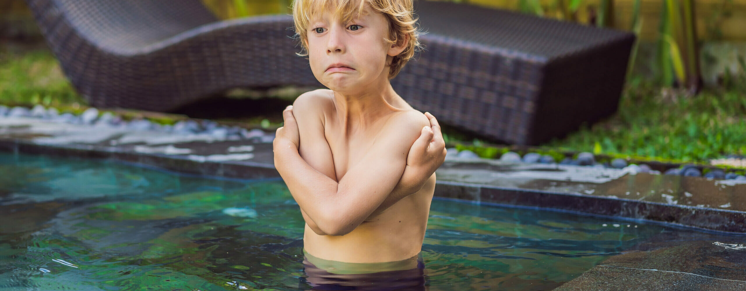 Young boy was frozen in the pool. Very cold water in the pool. Need heated water.